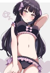 Rule 34 | 1girl, absurdres, bikini, black bikini, black hair, blunt bangs, blush, bow, bow bikini, breasts, commentary request, eyelashes, frilled bikini, frills, from below, furrowed brow, groin, hair ornament, heart, heart background, heart hair ornament, highres, idolmaster, idolmaster shiny colors, long hair, looking at viewer, mayuzumi fuyuko, medium breasts, meiji (meizi493), midriff, navel, parted lips, plaid, plaid ribbon, purple ribbon, ribbon, sidelocks, simple background, solo, squiggle, standing, swimsuit, thighhighs, two side up, upper body, very long hair, white background, yellow eyes