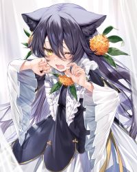 Rule 34 | 1girl, animal ears, black dress, black hair, blush, brown flower, cat ears, cat girl, cat tail, commentary request, curtains, dress, fang, flower, hair between eyes, hair flower, hair ornament, hands up, highres, long hair, long sleeves, looking at viewer, one eye closed, open mouth, original, solo, tail, transparent, very long hair, wide sleeves, yellow eyes, yuya (night lily)