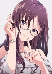 Rule 34 | 1girl, absurdres, bare shoulders, blouse, blue eyes, blush, breasts, brown hair, glasses, grey background, grey shirt, hand in own hair, head tilt, highres, idolmaster, idolmaster cinderella girls, long hair, looking at viewer, medium breasts, mek number, nail art, nail polish, parted lips, purple eyes, red nails, shirt, sidelocks, simple background, smile, solo, upper body, wristband, yagami makino