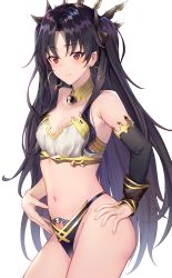 Rule 34 | 1girl, absurdres, bare shoulders, black cola, black hair, breasts, brooch, cleavage, closed mouth, collar, contrapposto, cowboy shot, detached sleeves, earrings, fate/grand order, fate (series), hair ribbon, hand on own hip, highleg, highres, hoop earrings, ishtar (fate), jewelry, long hair, looking at viewer, navel, parted bangs, red eyes, revealing clothes, ribbon, single sleeve, small breasts, solo, standing, stomach, thighs, two side up, very long hair