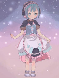 Rule 34 | 1boy, aragaki (kagechan1234), black bow, blue eyes, blue hair, bow, full body, highres, looking at viewer, made in abyss, maid headdress, male focus, maruruk, short hair, skirt hold, smile, solo, standing, trap