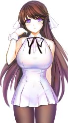 Rule 34 | absurdres, bad id, bad pixiv id, bow, bowtie, breasts, brown hair, collared dress, counter:side, dress, gloves, hair ribbon, highres, large breasts, narrow waist, pantyhose, pantylines, purple eyes, ribbon, shin jia, sleeveless, solo, swept bangs, thighhighs, white dress