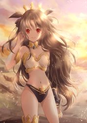 Rule 34 | 1girl, absurdres, arm at side, arm up, armlet, asymmetrical legwear, asymmetrical sleeves, backlighting, bad id, bad pixiv id, bikini, black bikini, breasts, bridal gauntlets, brown hair, commentary, contrapposto, cowboy shot, elbow gloves, fate/grand order, fate (series), gloves, hand in own hair, highres, hoshiibara mato, ishtar (fate), jewelry, light particles, long hair, looking at viewer, neck ring, open mouth, outdoors, red eyes, single elbow glove, small breasts, solo, standing, swimsuit, thighhighs, tiara, twilight, uneven legwear, uneven sleeves, very long hair, white bikini