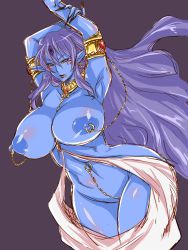 Rule 34 | 1girl, armlet, armpits, blue eyes, blue skin, breasts, chain, colored skin, curvy, fingernails, genie, highres, huge breasts, jewelry, large areolae, light smile, linked piercing, lips, long fingernails, long hair, lots of jewelry, magi the labyrinth of magic, musashino sekai, necklace, nipple chain, nipple piercing, nipples, nude, paimon (magi), piercing, pointy ears, purple background, purple hair, solo, very long hair, wide hips