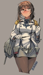 Rule 34 | 1girl, alternate breast size, artist logo, artist name, bespectacled, black pantyhose, breasts, brown hair, closed mouth, collared shirt, cosplay, cropped legs, epaulettes, ergot, feet out of frame, fubuki (kancolle), glasses, gloves, green eyes, grey background, grey shirt, grey skirt, holding, jacket, kantai collection, katori (kancolle), katori (kancolle) (cosplay), large breasts, long sleeves, machinery, military, military jacket, military uniform, pantyhose, pencil skirt, rigging, shirt, short hair, short ponytail, simple background, skirt, solo, turret, uniform, white gloves, white jacket