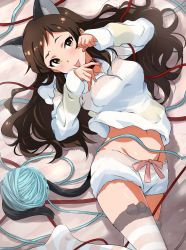 Rule 34 | 1girl, absurdres, animal ears, brown eyes, brown hair, cat ears, cat girl, cat tail, commentary request, highres, holding, holding with tail, hood, hoodie, idolmaster, idolmaster million live!, kitazawa shiho, leash, long hair, looking at viewer, lying, midriff, navel, on back, prehensile tail, rope, shorts, solo, striped clothes, striped hoodie, striped thighhighs, tail, thighhighs, tokiani, tongue, tongue out, yarn, yarn ball
