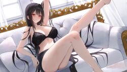 Rule 34 | 1girl, ame 816, arm behind head, arm up, armpits, ass, bare arms, bare legs, bare shoulders, barefoot, black bra, black hair, black panties, black skirt, bra, breasts, cleavage, closed mouth, collarbone, commission, couch, dutch angle, halterneck, highres, knees up, lace, lace-trimmed bra, lace trim, large breasts, leg up, long hair, looking at viewer, miniskirt, no shirt, original, panties, pencil skirt, pillow, red eyes, second-party source, sitting, skirt, smile, solo, stomach, string bra, thighs, underwear, very long hair