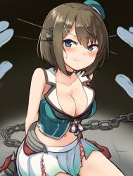 Rule 34 | 1girl, bad id, bad twitter id, beret, blue eyes, blush, bound, bound wrists, breasts, brown hair, chain, cleavage, clenched teeth, engiyoshi, gloves, hair ornament, hairclip, hat, headgear, highres, indoors, kantai collection, large breasts, maya (kancolle), medium breasts, midriff, mini hat, navel, out of frame, pleated skirt, pov, pov hands, remodel (kantai collection), short hair, sitting, skirt, sleeveless, solo focus, sweat, sweatdrop, teeth, white gloves, x hair ornament