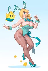 Rule 34 | 1girl, absurdres, alternate breast size, animal ears, bare shoulders, blonde hair, blue eyes, bow, breasts, crown, detached collar, earrings, fake animal ears, hair over one eye, highres, jewelry, large breasts, leotard, long hair, luma (mario), mario (series), nintendo, open mouth, playboy bunny, rabbit ears, riz, rosalina, strapless, strapless leotard, super mario galaxy