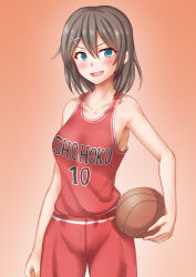 Rule 34 | 1girl, anti (untea9), ball, basketball, basketball (object), basketball uniform, blue eyes, blush, breasts, brown hair, clothes writing, collarbone, cowboy shot, hair between eyes, hair ornament, highres, holding, holding ball, kantai collection, large breasts, maya (kancolle), open mouth, short hair, smile, solo, sportswear, x hair ornament