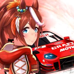 Rule 34 | 1girl, animal ears, artist name, blush, car, commentary request, commission, cropped hoodie, feather hair ornament, feathers, hair ornament, hood, hood down, hoodie, horse ears, horse girl, long hair, michelin, michelin man, motor vehicle, multicolored hair, nddp racing, nismo, nissan, nissan fairlady z, nissan z (rz34), official alternate costume, ponytail, race vehicle, racecar, red feathers, red hoodie, skeb commission, smile, sponsor, streaked hair, super gt, tokai teio (beyond the horizon) (umamusume), tokai teio (umamusume), umamusume, white feathers, white hair, yanparap
