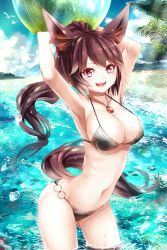 Rule 34 | 1girl, :d, alternate costume, alternate hairstyle, animal ears, armpits, arms up, ball, beach, beachball, bikini, breasts, brown hair, cleavage, day, eyelashes, fish, highres, imaizumi kagerou, jewelry, large breasts, long hair, looking at viewer, mikoma sanagi, navel, necklace, o-ring, o-ring bottom, open mouth, outdoors, partially submerged, pendant, ponytail, red eyes, smile, solo, strap gap, swimsuit, tail, touhou, very long hair, wading, water, wet, wolf ears, wolf tail