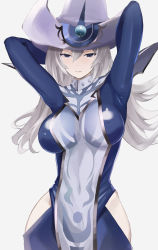 Rule 34 | 1girl, absurdres, arms up, blue bodysuit, blue dress, blue eyes, blue hat, bodysuit, breasts, covered erect nipples, dress, duel monster, hair between eyes, hair over one eye, hat, highres, hip vent, holding headdress, inverted nipples, kataku musou, large breasts, long hair, one eye covered, silent magician, skin tight, solo, surcoat, white background, white hair, witch hat, yu-gi-oh!