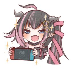 Rule 34 | 1girl, :d, ahoge, belt, belt collar, black belt, black hair, black jacket, blue eyes, blush, chibi, collar, commentary, cropped torso, demon girl, demon horns, fangs, flower, grey horns, hair flower, hair ornament, hair ribbon, handheld game console, holding, holding handheld game console, horns, jacket, long hair, long sleeves, looking at viewer, multicolored hair, nanashi inc., nintendo switch, off shoulder, oinomori may, oinomori may (1st costume), one side up, open mouth, pink hair, pink ribbon, pointy ears, powercandy, ribbon, simple background, smile, solo, sparkle, symbol-only commentary, two-tone hair, upper body, virtual youtuber, white background
