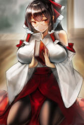 Rule 34 | 1girl, bespectacled, black hair, black pantyhose, blurry, blurry background, book, bow, breasts, depth of field, detached sleeves, glasses, hair bow, hair tubes, hakurei reimu, highres, holding, holding book, huge breasts, indoors, japanese clothes, light smile, long hair, looking at viewer, mang zhu, miko, pantyhose, red eyes, sidelocks, solo, touhou, wide sleeves