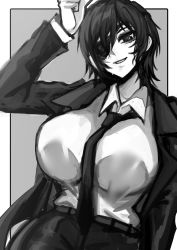 Rule 34 | 1girl, absurdres, arm up, black eyes, black hair, black jacket, black necktie, black suit, breasts, chainsaw man, cigarette, collared shirt, commentary, dress shirt, eyepatch, formal, greyscale, high contrast, highres, himeno (chainsaw man), holding, holding cigarette, jacket, large breasts, limited palette, looking at viewer, monochrome, necktie, one eye covered, open clothes, open jacket, open mouth, osiimi, shirt, short hair, simple background, smile, solo, suit, upper body, white background, white shirt, wing collar