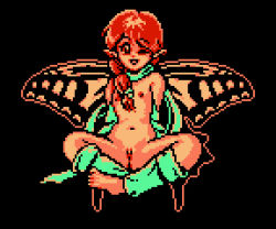 Rule 34 | 1girl, arm support, barefoot, black background, brown eyes, brown hair, butterfly wings, collarbone, cutie (lord of king), facing viewer, fairy, flat chest, green scarf, hair over shoulder, indian style, insect wings, jaleco, leg warmers, limited palette, long hair, looking at viewer, navel, nipples, nude, one eye closed, open mouth, pixel art, pointy ears, ponytail, pussy, retro artstyle, saiwai hiroshi, scarf, simple background, sitting, smile, solo, the lord of king, uncensored, wings, wink