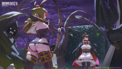 Rule 34 | 1boy, 2girls, absurdres, animal ears, apple, armor, arms behind back, arrow (projectile), ass, backboob, black hair, black leotard, blue corset, bound, bow, bow (weapon), breast ribbon, breasts, brown dust 2, bush, cape, character request, closed eyes, cloud, corset, detached sleeves, drawing bow, dress, fireflies, food, frills, fruit, gagged, green hood, high collar, highres, holding, holding bow (weapon), holding weapon, hood, hood (james x), hood up, hooded cape, large breasts, leotard, long hair, multiple girls, night, night sky, open mouth, out of frame, outdoors, pouch, purple sky, quiver, red bow, red cape, red hair, ribbon between breasts, rope, sky, strap, thigh strap, thighhighs, tied up (nonsexual), ventana (brown dust), weapon, white dress