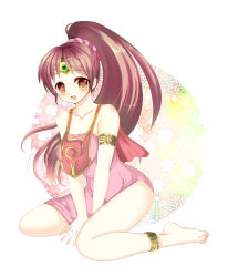 Rule 34 | 1girl, :p, anklet, armband, bare shoulders, barefoot, blush, breasts, brown eyes, brown hair, circlet, cleavage, dress, fire emblem, fire emblem: mystery of the emblem, jewelry, linde (fire emblem), long hair, looking at viewer, miyako (mongcocoa), nintendo, open mouth, pink dress, ponytail, side slit, sitting, smile, solo, strapless, strapless dress, tongue, tongue out