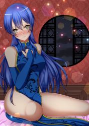Rule 34 | 1girl, artist name, artist request, bare legs, bare shoulders, blue hair, blush, breasts, china dress, chinese clothes, cleavage, cleavage cutout, clenched hand, clothing cutout, dress, elbow sleeves, female focus, floral print, hair between eyes, hair over shoulder, hand on own chest, highres, indoors, long hair, looking at viewer, love live!, love live! school idol project, medium breasts, parted lips, sitting, smile, solo, sonoda umi, thighhighs, worried, yellow eyes