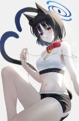 Rule 34 | 1girl, absurdres, animal collar, animal ears, bell, black eyes, black hair, black shorts, blue archive, blue halo, blush, breasts, cat ears, cat tail, chie (user snfh8333), cleavage, collar, dolphin shorts, halo, highres, jingle bell, kikyou (blue archive), medium breasts, multiple tails, navel, open mouth, short hair, shorts, solo, tail, two tails