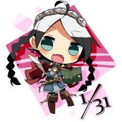 Rule 34 | 1girl, ahoge, belt, blue eyes, book, boots, braid, breasts, buttons, capelet, chest harness, chibi, cleavage, dated, feathers, fire emblem, fire emblem fates, grey hair, hairband, harness, holding, holding book, holding feather, holding pen, hood, hood down, key, kuro kaze, leather, leather boots, leather strap, long hair, looking at viewer, low twintails, nina (fire emblem), nintendo, o-ring, open mouth, parted bangs, pen, red capelet, red hood, turtleneck, twin braids, twintails, white hairband