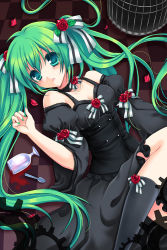Rule 34 | 1girl, alcohol, bad id, bad pixiv id, bare shoulders, birdcage, black socks, bow, cage, checkered floor, cup, dress, drinking glass, floor, flower, gears, green eyes, green hair, green nails, hair bow, hair flower, hair ornament, hatsune miku, kneehighs, long hair, lying, matching hair/eyes, nail polish, perspective, ratise, rose, socks, solo, spill, twintails, very long hair, vocaloid, wine, wine glass