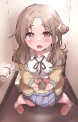 Rule 34 | 1girl, blush, brown eyes, brown hair, censored, clothes pull, female pubic hair, highres, ichikawa hinana, idolmaster, idolmaster shiny colors, looking at viewer, open mouth, panties, panty pull, peeing, pubic hair, restroom, sitting, skirt, skirt pull, sweatdrop, toilet, toilet paper, toilet use, underwear