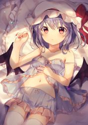 Rule 34 | 1girl, absurdres, bare arms, bare shoulders, bat wings, black wings, fingernails, hat, hat ribbon, highres, indoors, light purple hair, looking at viewer, lying, mob cap, nail polish, nenobi (nenorium), on back, pillow, red eyes, red nails, red ribbon, remilia scarlet, ribbon, solo, strap gap, strap slip, thighhighs, touhou, underwear, underwear only, white thighhighs, wings