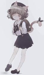 Rule 34 | 1girl, ;o, absurdres, ahoge, animal ear fluff, animal ears, backpack, bag, beret, black bow, black footwear, black hat, black ribbon, blush, bow, brown eyes, brown hair, cat ears, cat girl, cat tail, collared shirt, crescent, crescent pin, flower, grey background, grey rose, hair flower, hair ornament, hair ribbon, hair rings, hat, hatoba tsugu, highres, holding strap, kemonomimi mode, loafers, long sleeves, mole, mole under eye, one eye closed, pantyhose, parted lips, pleated skirt, randoseru, ribbon, sha2mo, shadow, shirt, shoes, short hair, skirt, solo, suspender skirt, suspenders, tail, tail bow, tail ornament, virtual youtuber, white pantyhose, white shirt