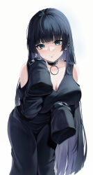 Rule 34 | 1girl, absurdres, black choker, black dress, black hair, blunt bangs, bocchi the rock!, breasts, choker, cleavage, closed mouth, clothing cutout, dress, ear piercing, earrings, green eyes, highres, jewelry, lancheu, large breasts, leaning forward, lip piercing, long hair, long sleeves, multiple piercings, pa-san, piercing, shoulder cutout, simple background, sleeves past wrists, smile, solo, straight hair, stud earrings, very long hair, white background