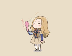 Rule 34 | 1girl, blue bow, blue bowtie, blush stickers, bow, bowtie, brown dress, closed eyes, commentary request, dress, electric fan, forehead, full body, handheld fan, layered sleeves, light brown hair, long hair, long sleeves, m3gan, m3gan (character), pantyhose, pink background, saiguchi otoufu, short over long sleeves, short sleeves, solo, wavy hair, white pantyhose