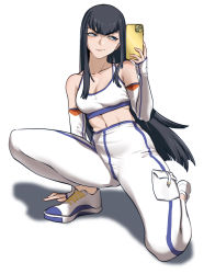 Rule 34 | 1girl, absurdres, adapted costume, bare shoulders, black hair, blue eyes, blunt bangs, breasts, cleavage, cloudy rain4, collarbone, detached sleeves, heart, high-waist skirt, highres, kill la kill, kiryuuin satsuki, lips, long hair, looking to the side, medium breasts, navel, pants, phone, selfie, shoes, skirt, sneakers, solo, sports bra, squatting, stomach, thick eyebrows, white background, white pants