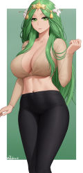 Rule 34 | 1girl, absurdres, arm up, artist name, black legwear, black pants, border, breasts, brown shirt, cameltoe, cleavage, crop top, feet out of frame, female focus, fire emblem, fire emblem: three houses, flower, green background, green eyes, green hair, hair flower, hair ornament, highres, large breasts, long hair, long sleeves, looking at viewer, matching hair/eyes, midriff, navel, nintendo, pants, parted lips, rhea (fire emblem), shirt, simple background, solo, spandex, standing, stomach, tassel, thighs, twitter username, zaphn