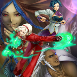 Rule 34 | 1girl, 3boys, ash crimson, blue hair, braid, breasts, brown hair, chinese clothes, cleavage, cleavage cutout, clothing cutout, dark skin, earrings, elisabeth blanctorche, finger to mouth, fire, glowing, glowing eye, green fire, heterochromia, jewelry, large breasts, long hair, masyu shimei, md5 mismatch, mukai (kof), multiple boys, pants, pyrokinesis, red eyes, red pants, resolution mismatch, riding crop, shion (kof), source smaller, the king of fighters, the king of fighters xi, twin braids