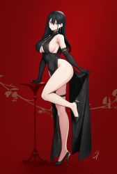Rule 34 | 1girl, ass, bare shoulders, black dress, black gloves, black hair, breasts, classy-black-haired girl (hayabusa), covered navel, dress, earrings, elbow gloves, full body, gloves, hayabusa, high heels, highres, jewelry, large breasts, long hair, looking at viewer, mole, mole on breast, mole under mouth, original, parted lips, purple eyes, red background, sideboob, smile, standing, standing on one leg, thigh strap, thighs