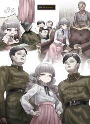 Rule 34 | 1girl, 3boys, chibi, chibi inset, corpse, fear &amp; hunger, fear &amp; hunger 2: termina, frilled shirt collar, frills, from below, grey eyes, grey hair, hands on own hips, highres, lilio, long hair, long skirt, long sleeves, marina (fear &amp; hunger), military uniform, mole, multiple boys, neck ribbon, pink skirt, reading, ribbon, sitting, skirt, twintails, uniform, zombie