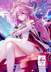 Rule 34 | 1girl, absurdres, animal ears, blue sky, blurry, cai yuan, cherry blossoms, commentary request, crossed legs, depth of field, detached sleeves, falling petals, fox ears, fox girl, genshin impact, gohei, hair between eyes, hair ornament, highres, holding, holding gohei, japanese clothes, long hair, nontraditional miko, petals, ribbon-trimmed sleeves, ribbon trim, sidelocks, simple background, sitting, sitting on fence, sky, smile, solo, thighs, tree, vision (genshin impact), wide sleeves, yae miko