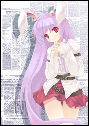 Rule 34 | 1girl, animal ears, armband, belt, blush, buttons, dress shirt, embarrassed, female focus, head tilt, long hair, looking at viewer, no nose, own hands clasped, own hands together, parted bangs, purple hair, rabbit ears, red eyes, reisen udongein inaba, shadow, shirt, sidelocks, skirt, solo, standing, strap, thigh gap, thighs, tokiame, touhou, very long hair