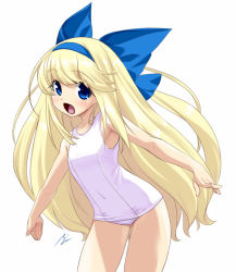 Rule 34 | 1girl, :o, blonde hair, blue eyes, blush, bow, child, covered navel, flat chest, hair bow, hair ribbon, hairband, hip focus, long hair, looking at viewer, mizuki gyokuran, one-piece swimsuit, open mouth, original, outstretched arms, ribbon, school swimsuit, signature, smile, solo, spread arms, swimsuit, very long hair, white one-piece swimsuit, white school swimsuit