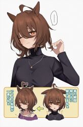 Rule 34 | 1girl, agnes tachyon (umamusume), ahoge, animal ears, antenna hair, arm up, black shirt, bra strap, brown hair, check translation, closed mouth, hair between eyes, hand in own hair, highres, horse ears, horse girl, jewelry, kaho (ramb), long sleeves, looking at viewer, looking to the side, medium hair, messy hair, necklace, official alternate costume, orange eyes, purple shirt, purple sweater, red eyes, shirt, simple background, smile, solo, sweater, translation request, turtleneck, umamusume, upper body, white background