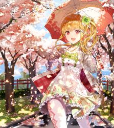 Rule 34 | 1girl, blonde hair, blush, hair ornament, holding, holding umbrella, kim eb, looking at viewer, open mouth, original, pantyhose, petals, red eyes, short hair, side ponytail, smile, solo, tree, umbrella, x hair ornament