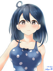 Rule 34 | 1girl, absurdres, black hair, blue one-piece swimsuit, blush, breasts, brown eyes, casual one-piece swimsuit, collarbone, dangan kurabu, dated, eyelashes, hair between eyes, highres, kantai collection, large breasts, lips, long hair, looking at viewer, one-piece swimsuit, polka dot, polka dot swimsuit, simple background, smile, solo, swimsuit, twitter username, upper body, ushio (kancolle), white background