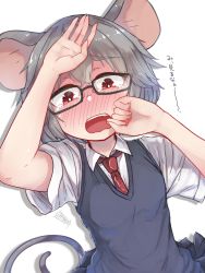 Rule 34 | 1girl, alternate costume, animal ears, bespectacled, black-framed eyewear, blush, collared shirt, embarrassed, full-face blush, glasses, grey hair, hand on own cheek, hand on own face, hand to forehead, highres, mouse ears, mouse tail, nazrin, necktie, open mouth, red eyes, red necktie, senzaicha kasukadoki, shirt, short hair, short sleeves, simple background, skirt, solo, tail, tearing up, touhou, upper body, vest, white background