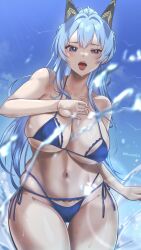 Rule 34 | 1girl, bare shoulders, bikini, blue bikini, blue eyes, blue hair, blue sky, braid, breasts, cameltoe, cleavage, collarbone, commentary, cowboy shot, curvy, day, goddess of victory: nikke, hair intakes, helm (aqua marine) (nikke), helm (nikke), high ponytail, highleg, highleg bikini, highres, large breasts, long hair, looking at viewer, navel, open mouth, outdoors, side-tie bikini bottom, skindentation, sky, solo, swimsuit, symbol-only commentary, thigh gap, thighs, tinnies, tongue, tongue out, twitter username, underboob, water, wet, wide hips