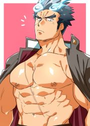 Rule 34 | 1boy, bara, blue eyes, blue fire, blue hair, fiery horns, fire, horns, jacket, jacket on shoulders, large pectorals, looking at viewer, male focus, muscular, pectorals, sakimori toji, scar, simple background, solo, standing, sugo6969, thick eyebrows, tokyo houkago summoners, upper body