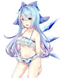 Rule 34 | circled 9, 1girl, alternate hair length, alternate hairstyle, arms behind back, bikini, blue bikini, blue bow, blue eyes, blue hair, blush, body blush, bow, breasts, cinderella bust, cirno, collarbone, frilled bikini, frills, hair between eyes, hair bow, halterneck, halterneck, highres, ice, ice wings, long hair, looking at viewer, matching hair/eyes, navel, open mouth, simple background, small breasts, solo, standing, swimsuit, teeth, touhou, underboob, white background, wings, yilocity