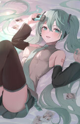 Rule 34 | 1girl, absurdres, aqua eyes, aqua hair, aqua nails, aqua necktie, arm up, bare shoulders, bed sheet, black sleeves, black thighhighs, breasts, camera, commentary request, detached sleeves, feet out of frame, hatsune miku, headset, highres, holding, holding camera, knees up, long hair, looking at viewer, lying, medium breasts, menomanome, necktie, number tattoo, on back, on bed, open mouth, photo (object), pleated skirt, shirt, shoulder tattoo, skirt, solo, tattoo, thighhighs, thighs, twintails, very long hair, vocaloid, white shirt