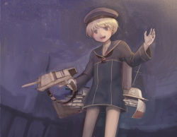 Rule 34 | 10s, 1girl, akiho hayuu, bad id, bad pixiv id, beret, blonde hair, blue eyes, bottomless, cannon, hat, highres, holding, kantai collection, long sleeves, machinery, military, military uniform, night, night sky, open mouth, outdoors, sailor collar, sailor hat, short hair, sky, smile, solo, star (sky), starry sky, turret, uniform, z1 leberecht maass (kancolle)