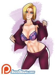 Rule 34 | 1girl, android 18, artist name, blonde hair, blue eyes, bra, breasts, cleavage, collarbone, cowboy shot, dragon ball, dragonball z, earrings, eyes visible through hair, highres, jacket, jago dibuja, jewelry, large breasts, lips, looking at viewer, midriff, navel, open clothes, open jacket, short hair, solo, standing, stomach, toned, track jacket, track suit, underwear, watermark, web address